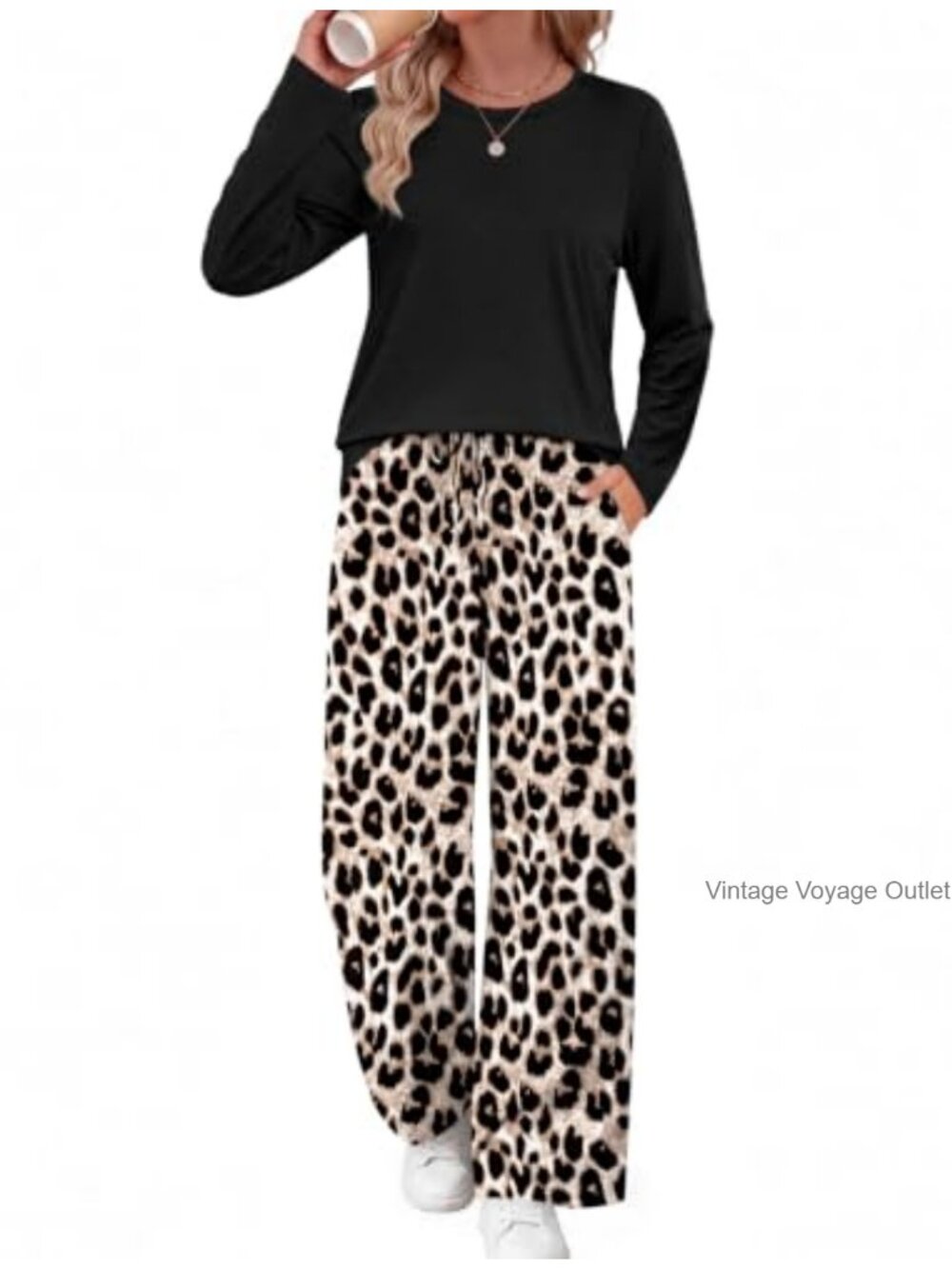 Two Piece Lounge Set Long Sleeve Top & Wide Leg Pants Travel Fall Outfit